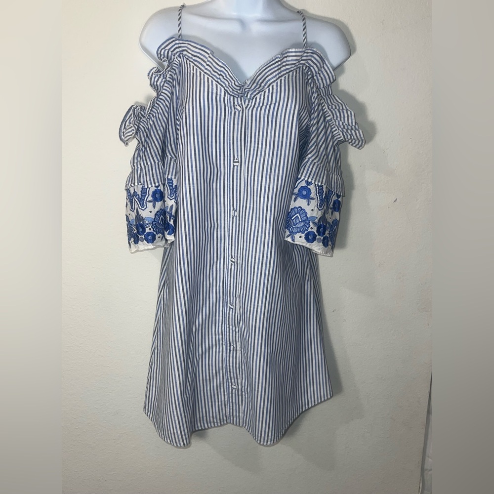 Parker Off-Shoulder Striped Dress with Embroidery
